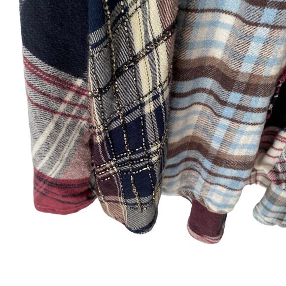 Free People Penny Plaid Mini Shirtdress Embellished Red Blue Beaded size Medium - Picture 6 of 15